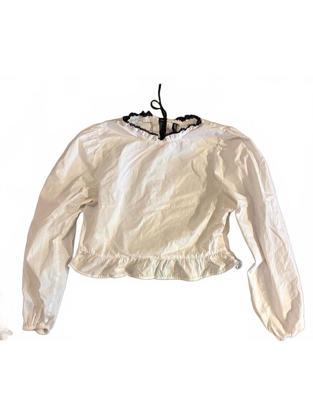 NWOT H&M White Long Sleeve Blouse with Black Lace Trim - Size Large
